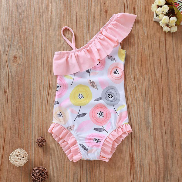 Girls Flower Off Shoulder Swimwear Summer Kids Clothes for Boutique Little Girls Slanted Collar One-Piece Swimming Suit