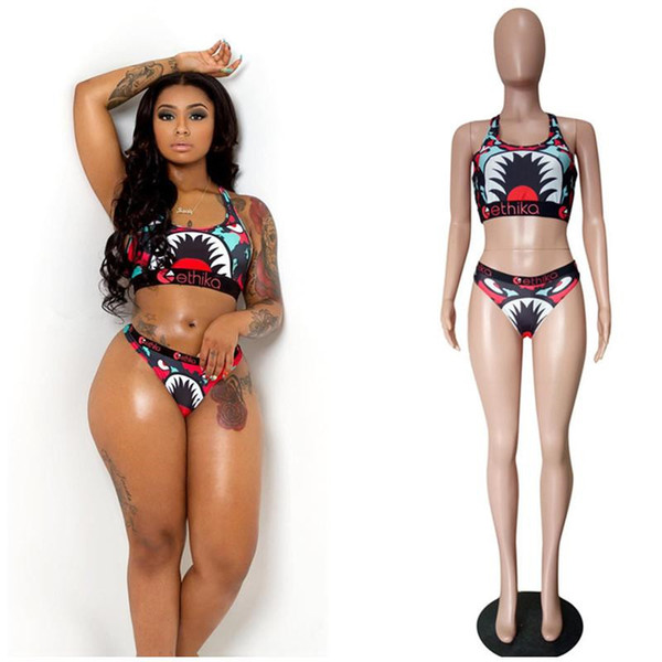 Women Ethika Bikini Outfits Patchwork Bra Vest + Shorts 2 Piece Set Fashion Swimwear Shark Camouflage Swimsuit Swimming Tracksuit Clothing