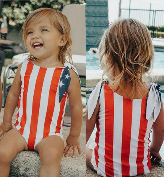 Baby Girl US Flag Swimwear Kids Summer One-Pieces Swimsuit Girl patchwork clothes Size 80-120 for 0-5T