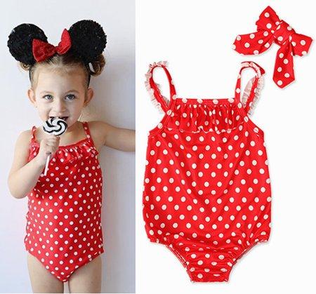 2019 summer baby girl one piece swimsuits cute red polka dot kids swimwear little girls beach wear rompers + headband swimming bathing suits