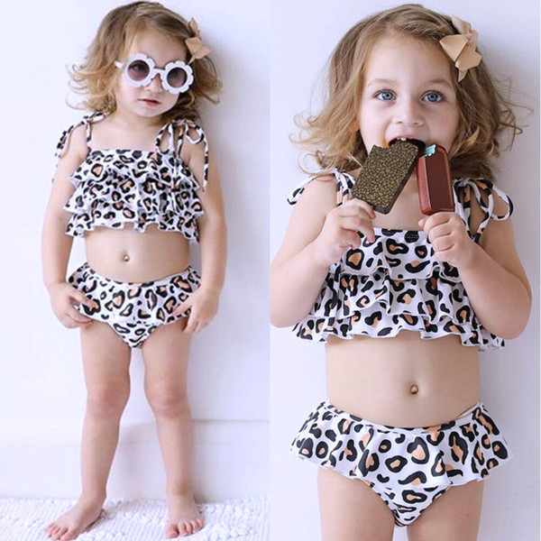 Toddler Kids Baby Girls Bikini Polyester Swimwear Kids Sleeveless Leopard Print Swimsuits Swimwear Sets F328
