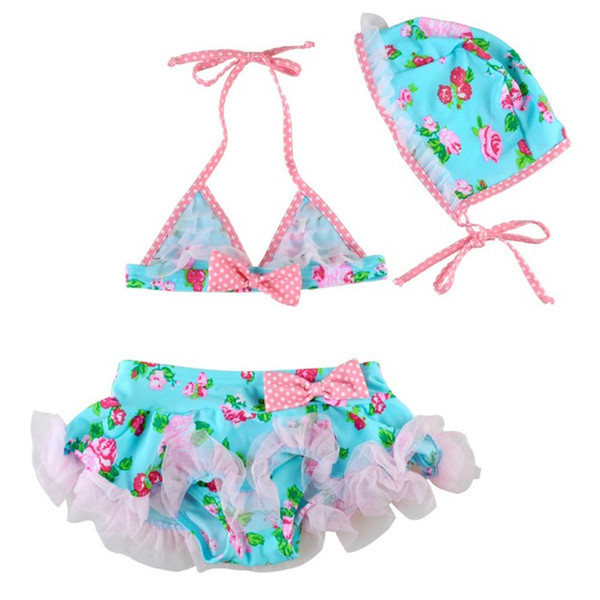 Kids Girls Lace Beachwear Baby Girls Bikini Swimwear Hat + Top + Skirt 3pcs Swimsuit Flower Set 2017 Princess Bathing Tankini Clothes B208