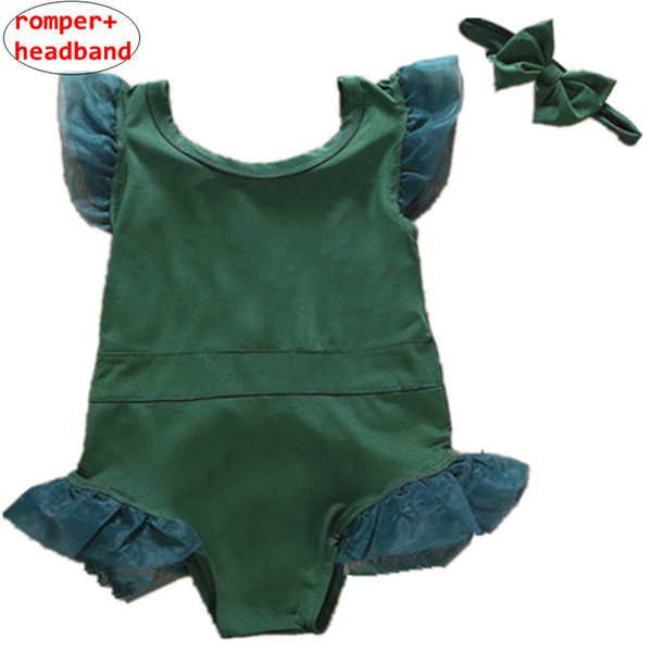 Girl Summer Swimwear with headband Kids Baby Green romper with lace Children One-Pieces Swimsuit Size 90-140