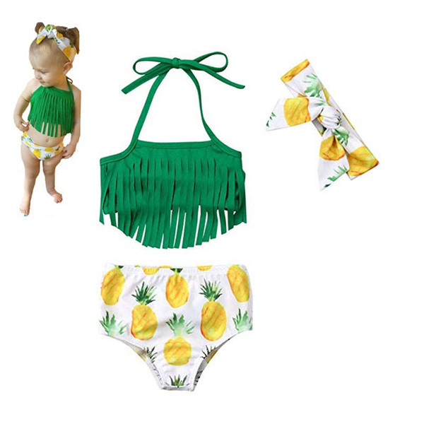 Children Swimwear baby girls Sling tassel top+pineapple print shorts with Bow headband summer Bikini Kids Swimsuit short beach Swimwear C13