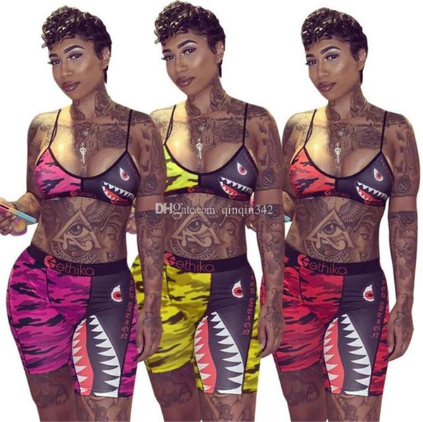 3 Colors Ethika Swimwear Women Tie up Bra +Shorts Swimming Trunk Pants 2 Piece Tracksuit Patchwork Shark Camo Swimsuit Bikini Set