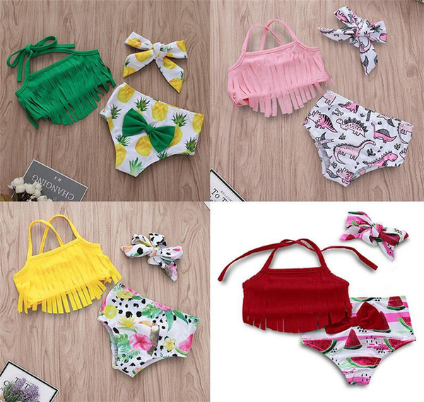 Children's Swimsuit Female Baby Strap Fringe Top + Print Shorts with Bow Headband 3 Pieces / Set 2019 Summer Bikini Children's Swimweardc474