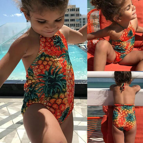 INS Kids Conjoined Pineapple Flamingo Printed Swimming Suit with Neck Tie and Children's Swimming Suit free shipping