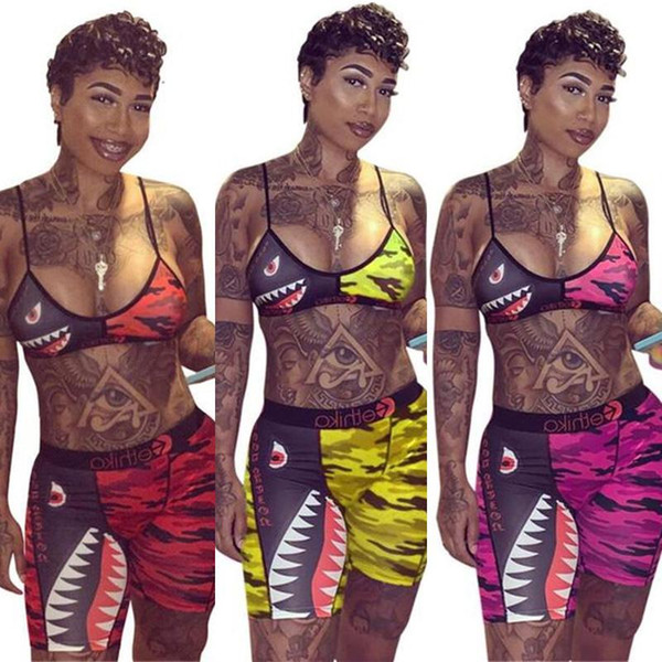 3 Colors Ethika Swimwear Women Tie up Bra Shorts Swimming Trunk Pants Tracksuit Patchwork Shark Camo Swimsuit Bikini Set