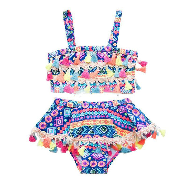 Baby Girl swimwear 2019 summer National style Two Pieces children Geometric print Bikinis kids tassel Swimsuit