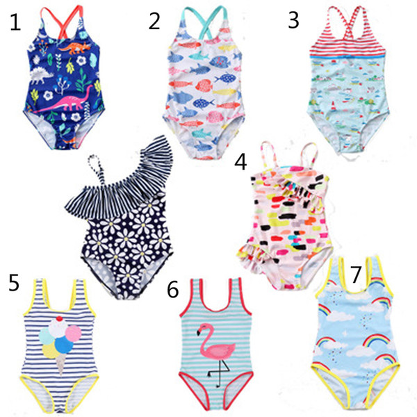 Children Swimwear Baby Girls Unicorn Flamingo Dinosaur Floral Rainbow Stripe Print Swimsuit 2019 Summer Fashion Bikini Kids One-Pieces