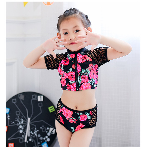 Children bikini swimwear girls rose flowers printed falbala split swimming kids lace hollow sets mother daughter beach bathing suits R2913