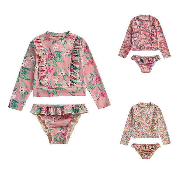 Baby Girl Swimwear Set 2 Pieces UV Sun Protect Flower Printed Shirt + Brief Swim Bathing Suit 3 Colors