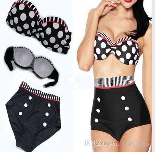 Women Dot Bikini Sets Swimsuit Retro Swimwear Vintage Pin Up High Waist Bikini Hanging Neck Swimwear Striped bikinis Two-Pieces GGA311