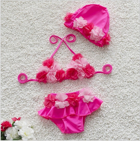 2017 New Baby Girls Lace Flower Bikini Swimsuit Cute Girl Lace Tulle Floral Swimwear Kids Three Pieces Swim Clothing With Hats Bathing Suit