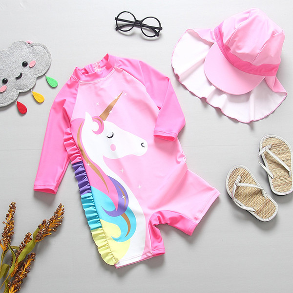 New Summer Baby Girl Swimwear+hat 2pcs Set Cartoon Animals Swimming Suit Infant Toddler Kids Children Beach Bathing Suit