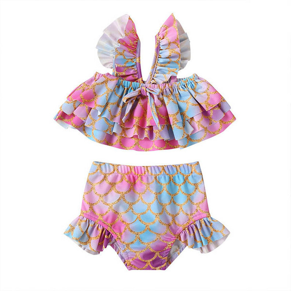 Ins 2020 Summer Mermaid Girls Swimsuit Baby Swimwear Girls Swim Suits Girls Bikini Kids Bathing Suits lace Tops+shorts 2pcs/set B56