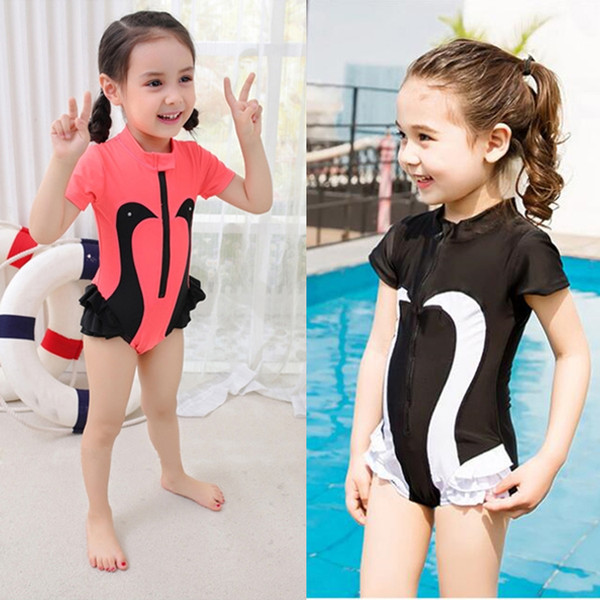 kids swimwear 2-7T Baby Girls Swimsuit Swan One-Pieces swim suit with Caps Swan Zipper Cartoon Printing Swimsuit Swan Bathing Suits LA788