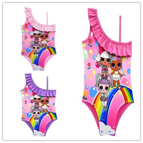 new Cartoon Dolls Swimsuit Baby Girls Swimwear Summer Ruffle Bow Swimming Suit Kids Designer One Piece Beach Clothing 100-140cm zx 1688