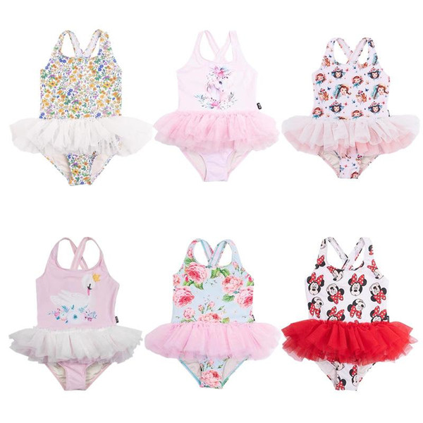 Tulle Baby One-Pieces Swimsuit Kids Girls Bikini Swimwear 2020 Flower Cartoon Princess Bathing Tankini Swimwear Children Clothing