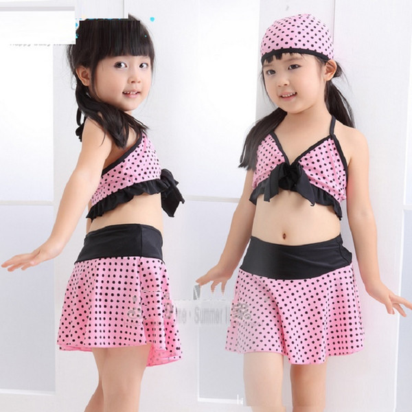 2018 Polka Dot Baby Girl Bikini Swim Suits 4-Pieces Swimming Clothes Set Skirts Cap Bra Underpant Children Beach Fashion Dress Jumpsuits