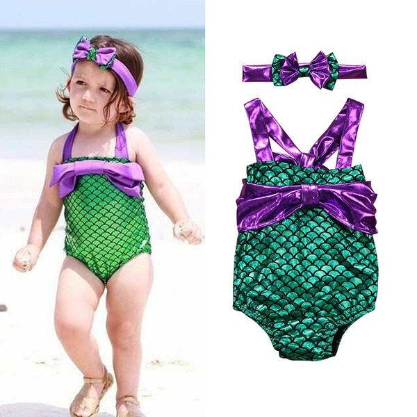 Children Swimwear 2019 summer One-Pieces bathing suits baby girls Mermaid Swimsuit with bow Headband cartoon Fish scale Bikinis C6379