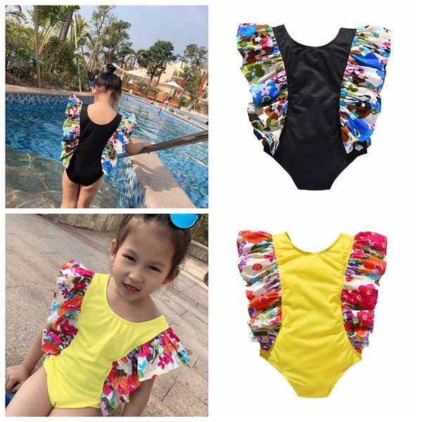 2019 Newest style baby girl swimwear floral print bathing suit kids bikini one pieces yellow swimsuit