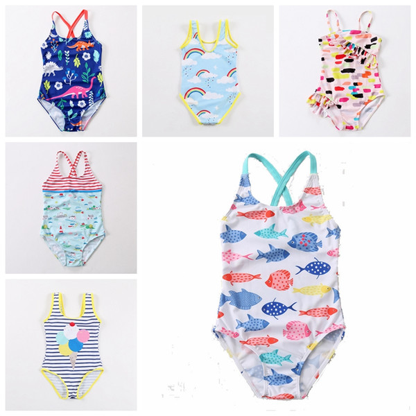 New design 3-8 years baby girl cartoon animal swimwear rainbow striped Flamingo fish Dinosaur children bathsuit kids beach wear