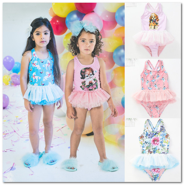 Baby girls unicorn swimsuits kids cartoon printed one-piece swimming children splicing lace tulle skirt pageant bathing suit J1066