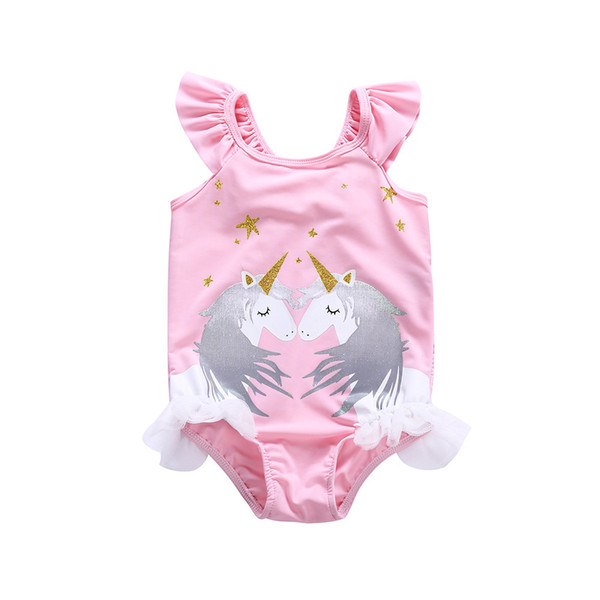 Girls flamingos leaves printed swimsuits Cartoon unicorn Kids one piece swimming Summer Children beach bathing suits Y1081