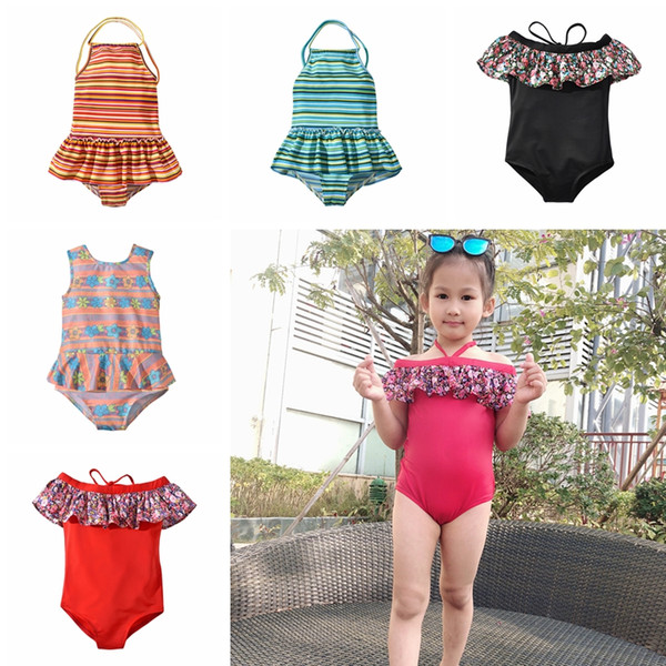 Children Striped Floral Print Swimwear Summer Baby Beach Ruffle Off shoulder Bathing Suit Bikini Kids One Pieces Swimsuit TA-TA693