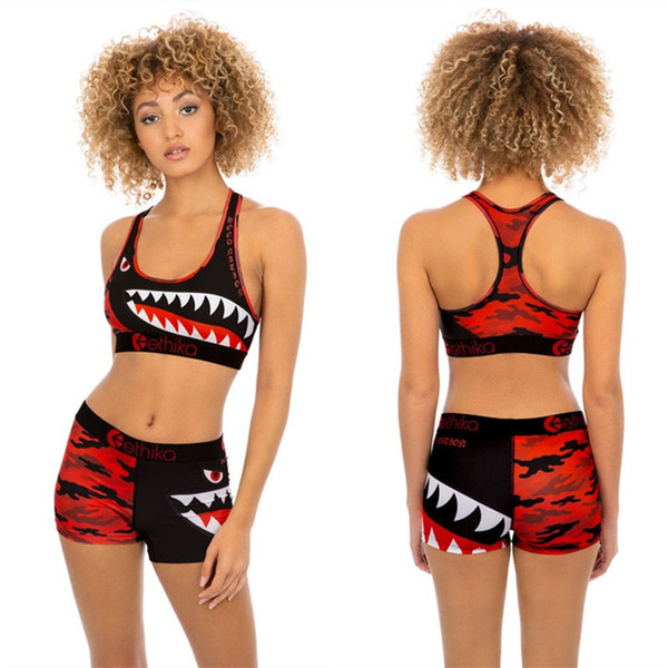 Ethika Women Swimsuit Shark Print Bra Crop Tank + Shorts Trunks 2 Piece Swimwear Plaid Camouflage Camo Color Swim Suits Bikini Set A3212