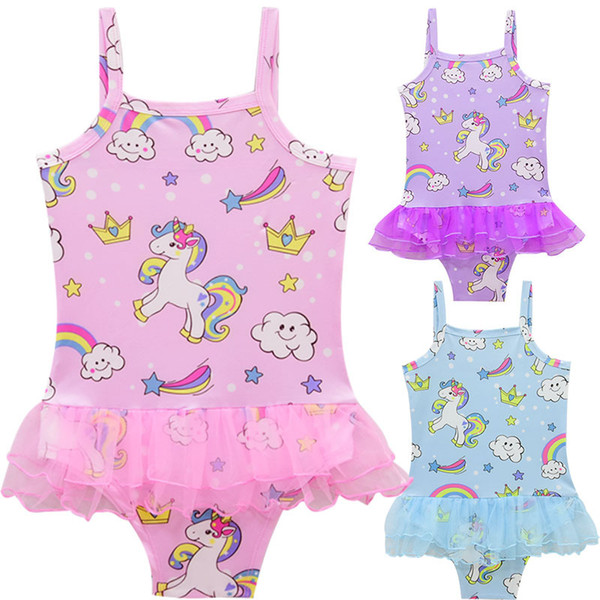 2018 New Baby Girl Swimwear Cartoon Unicorn Swimsuit One Piece Princess Bathing Suit Bikini Beachwear Bodysuit With Gauze Ruffles