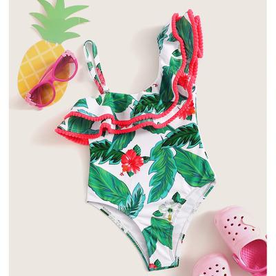 2020 beautiful Digital Print Girls Swimsuit dot printed Swimsuit Ruffled Swimsuit Leaf Print One Shoulder One Piece Bikini