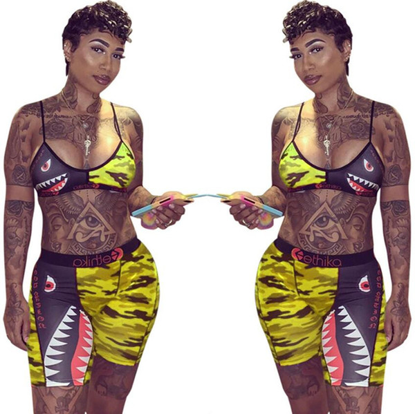 Women Ethika Swimwear Tie up Bra +Shorts Half Length Pants 2 Piece Tracksuit Patchwork Shark Camo Striped Swimsuit Bikini A21804