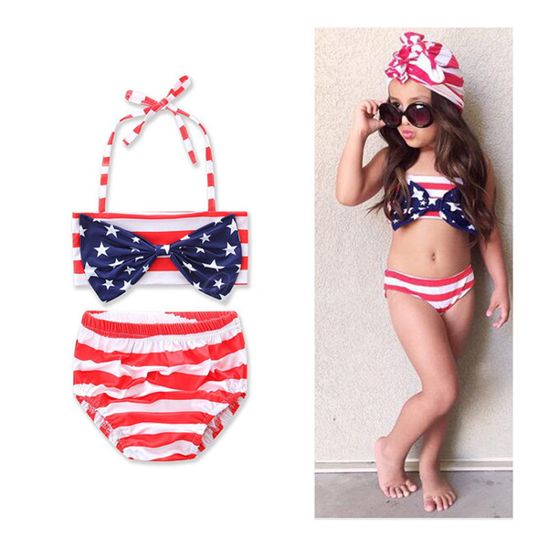 Ins 2-6T Girl's Swimwear One Piece Swimsuit Two-pieces Bikini Swimwear Set Halter Bowknot tube Top+Short Bottoms Bikini Bathing Suits