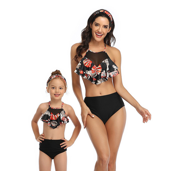 2PS Mommy and me Swimsuit Mother Daughter Bikini Set Split Sexy Family Match Outfits Parent-child Floral Print High Waist Lotus Leaf Sling