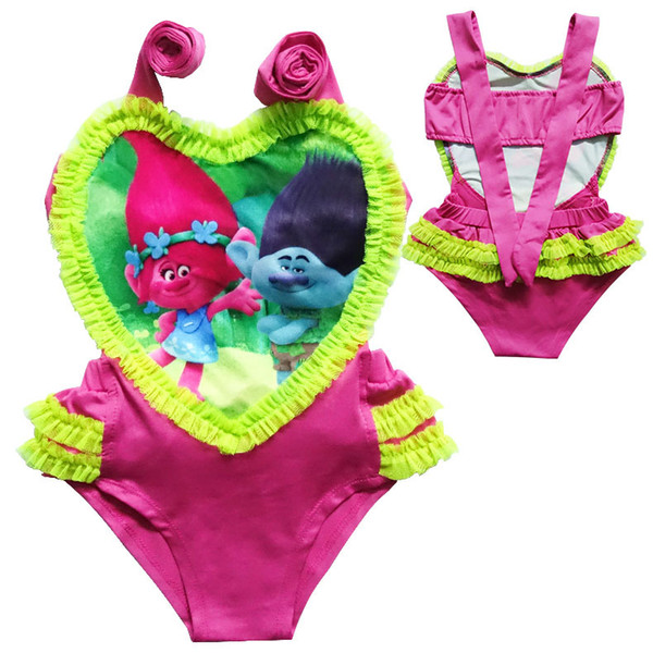 4color Girl Swimwear heart Bikini Trolls One-Pieces Swimsuit Onesies Caroon Swimming Clothes Girls Summer trolls heart Swim Kids Clothing XT