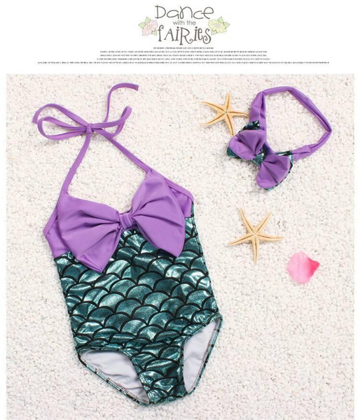 Children Girls Mermaid Swimwear Bow Headband+Bow Swimsuit 2pcs/set Cartoon Mermaid Bikini Kids One-piece Swimming Suit