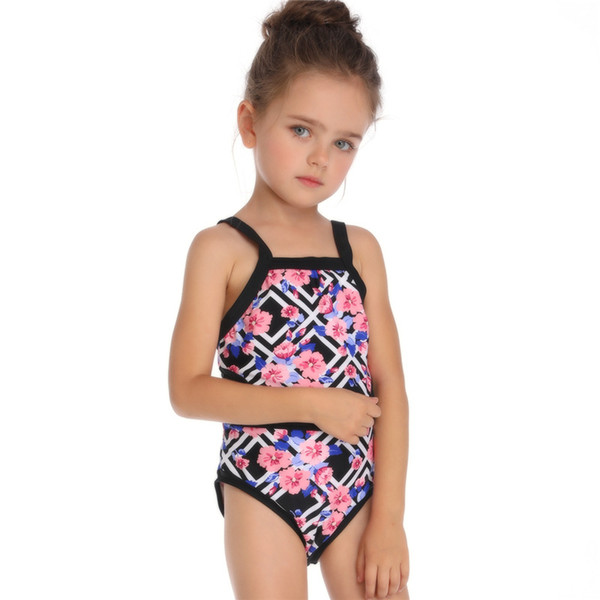 Girls Swimwear One-Piece Kids Summer Backless Printed Triangle Pants Swimsuit Beach Wear Bathing Suit 2colos 2-8years Q217