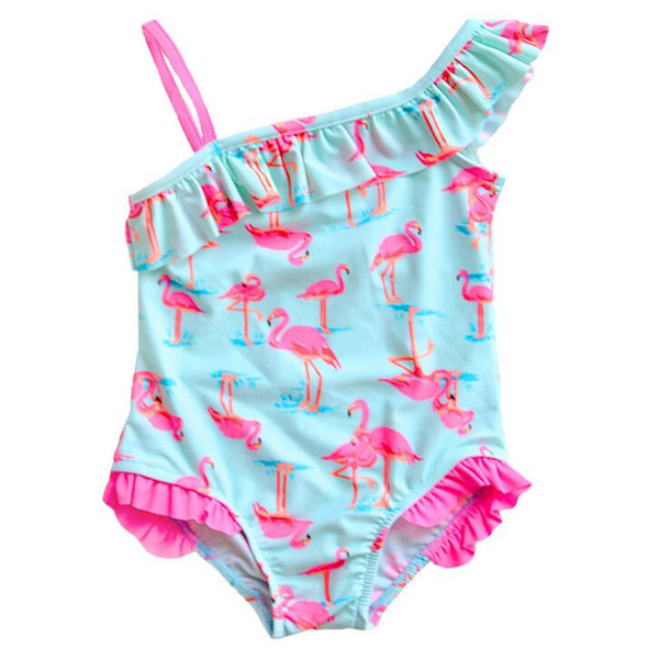 Cute Girls baby Flamingo One Off Shoulder Swimsuit Swimwear Bathing One-Piece Swimming Clothes Beachwear 2-7Y