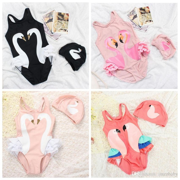 Girls Swimwear Swan Baby Flamingo Swimsuits Kids Parrot Print Bathing Suits Toddler Swimwear Bathing Cap Children Swim Clothing Sets H795