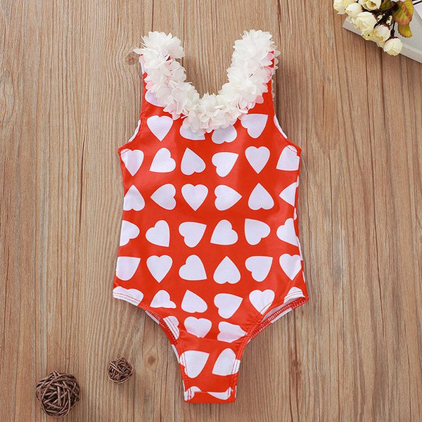 Girls Petal Collar Heart Print Swimwear One-Piece Summer 2020 Kids Boutique Clothing Hot Sale 0-3T Little Girls Sleeveless Swimming Suit