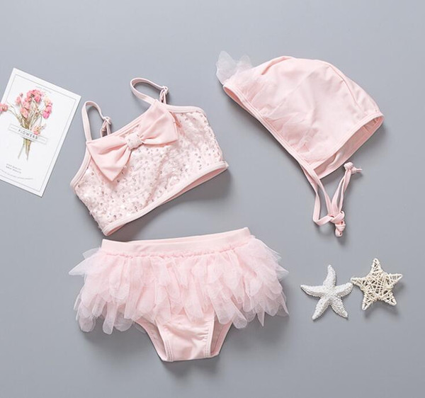 2019 new kids girls 3pcs hat bikini hat sparking pink sequin tutu skirt beachwear big bow shining bathing suit