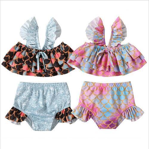 Girls Swimwear Mermaid Summer Beach Bikini Sets Ruffle Print Swimsuit Fish Scales Tops Briefs Water Fashion Sports Sling Swim Clothes C7185