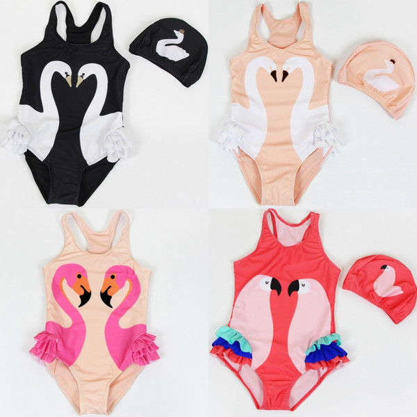 Girls Cute Flamingo Parrot Swan Printing Design Swimsuit Beach One-Piece Swimwear Bikini With Cap Support FBA Drop Shipping G536F