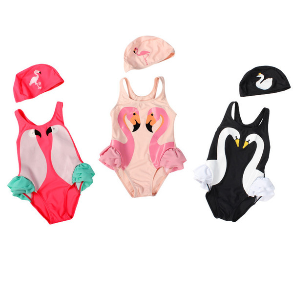 Ins spring and summer new black swan flamingo parrot children girl baby one-piece swimsuit cute animal shape