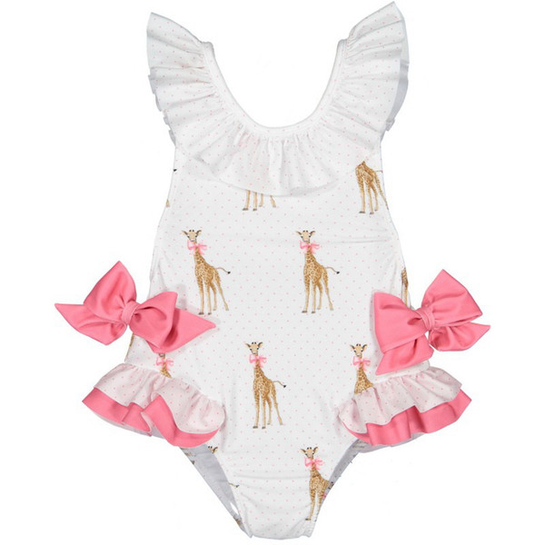 Retail 2019 Summer New Girl Swimwear With Hat Children Cartoon Giraffe Bow Kids Cute Swimsuit Clothing 2-7Y E6018