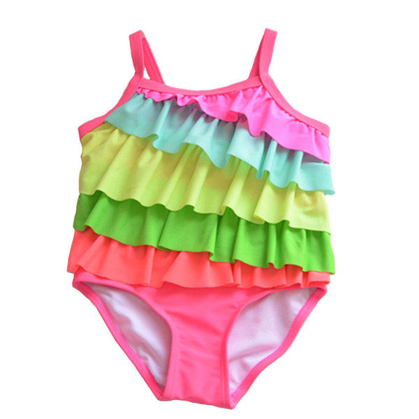 New Arrival Girls Swimwear Children Rainbow Suspender One-piece Layered Swimming Swimming Suit Fashion Kids Beach Wear