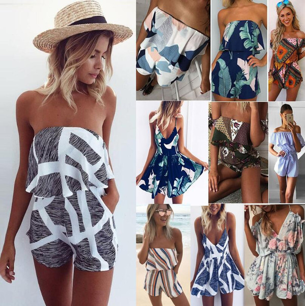 Women Floral Print Off Shoulder Jumpsuits Sexy Jumpsuit Falbala Romper v-neck striped Women's Jumpsuits Rompers FFA138 20PCS