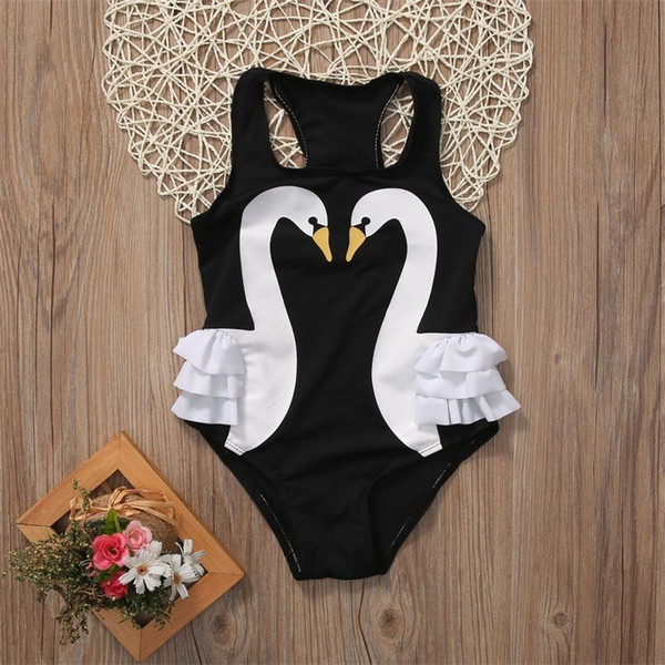 2019 Cute Two Swan Print Black One Piece Summer Toddler Kids Baby Girl Bikini Swimwear Swimsuit Swimming Costumes